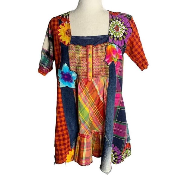 Handmade Tops - Handmade Patchwork Babydoll Top S Multi Square Neck Denim Boho Hippie